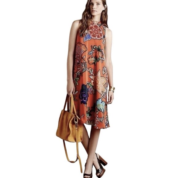 Maeve Dresses & Skirts - Anthropologie Maeve 100% Silk Larkhill Midi Dress Size Large Orange Floral Swing